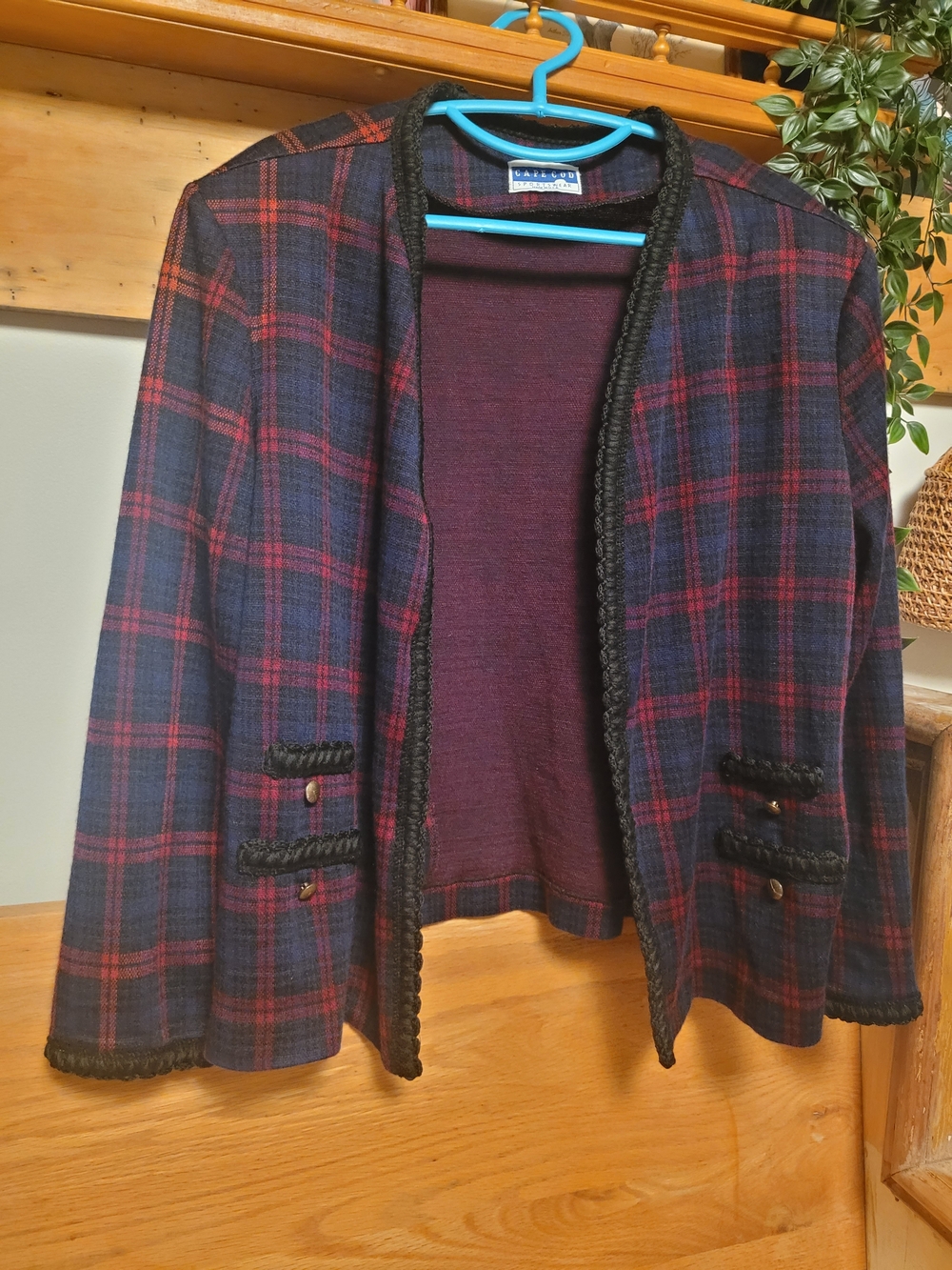 # 47 Cape Cod - Classic Plaid Open-Front Women's Jacket - Navy & Burgundy